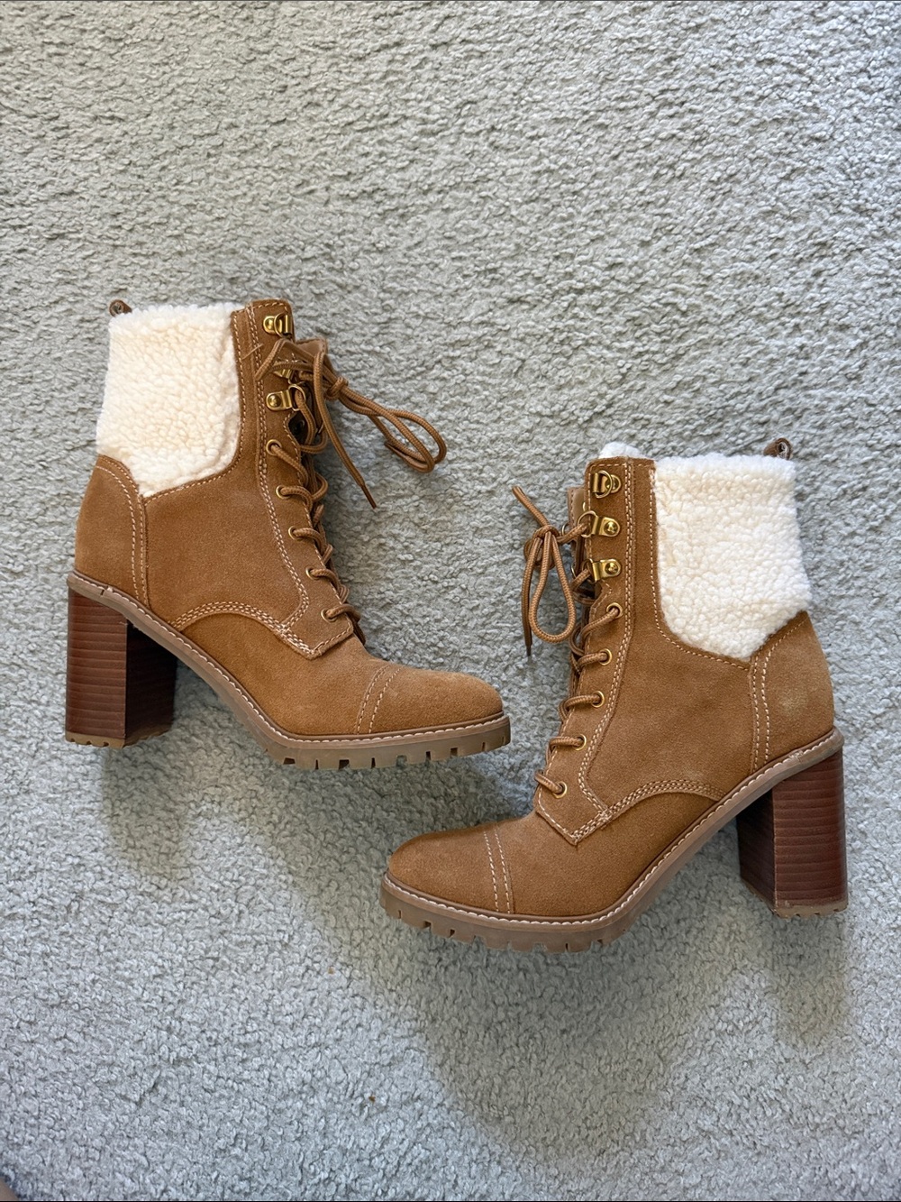 Nine West Tan Suede Lace-Up Block Heel Boots with White Sherpa Collar